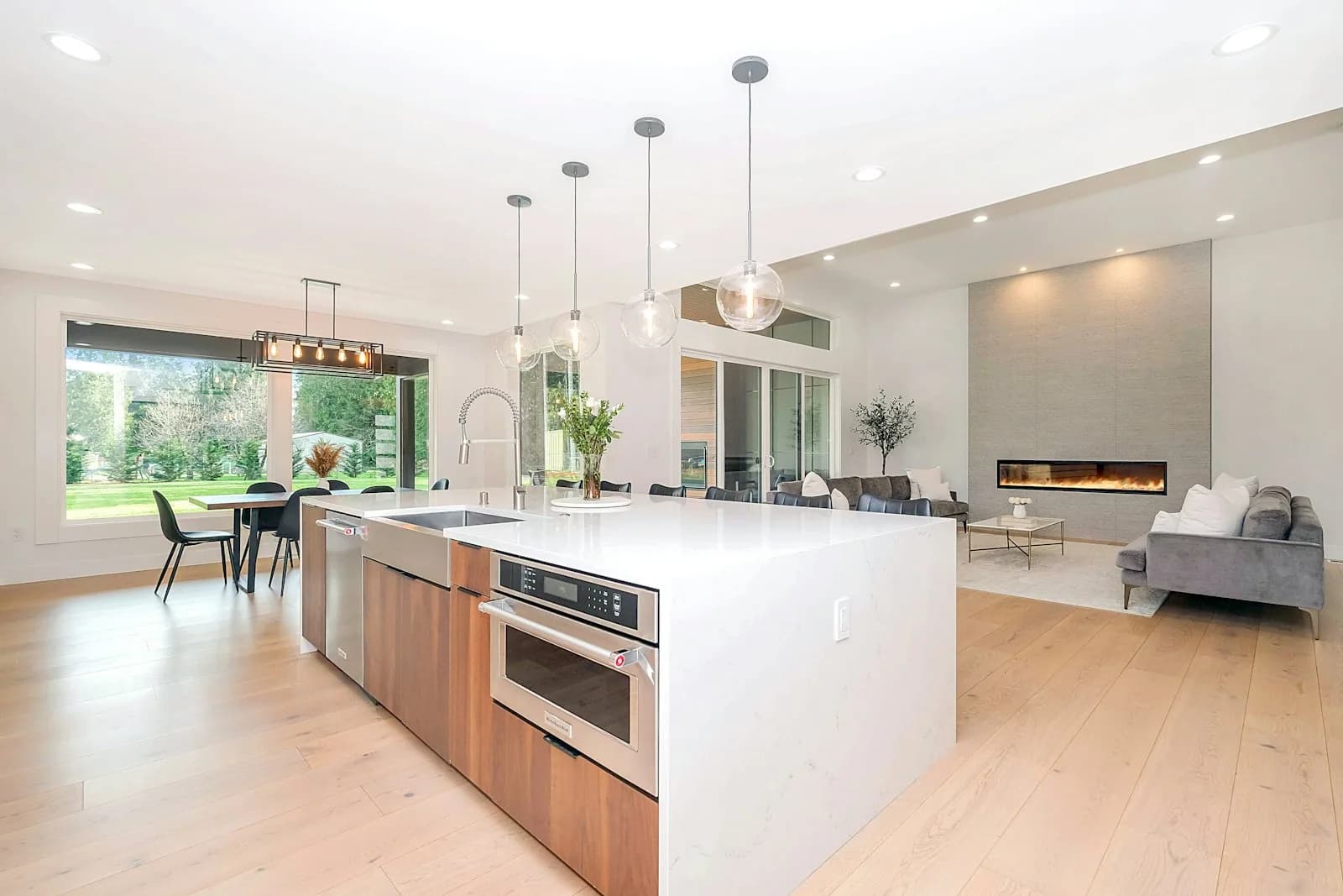 Modern kitchen with marble island in morning light